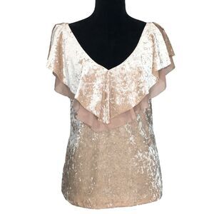 White House Black Market Top XS Pink Velvet V Neck Ruffle Sheer Trim Washable LN